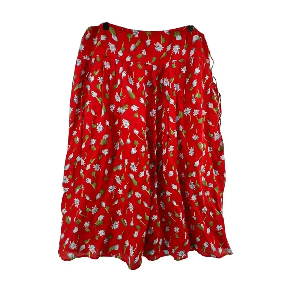 New J.CREW Size XL Side-Tie Skirt Ramie Red Cottage Core Picnic Romantic